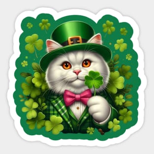 St. Patricks Day White Irish Cat Wearing A Leprechaun And Holding A Shamrock Sticker